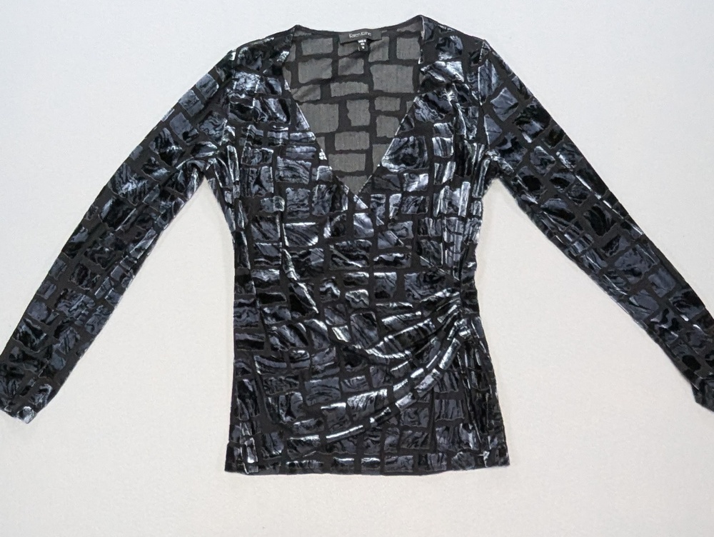 Velvet Y2K Burnout Top Womens M Black Ruched V Neck Romantic Goth Long Sleeve